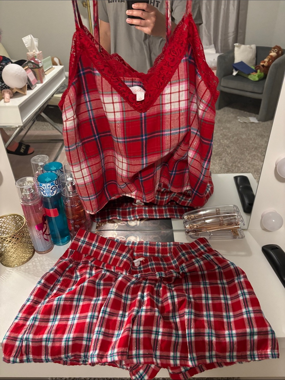 Large Red Plaid Lace-Trim Cami & medium Shorts Sleep Set